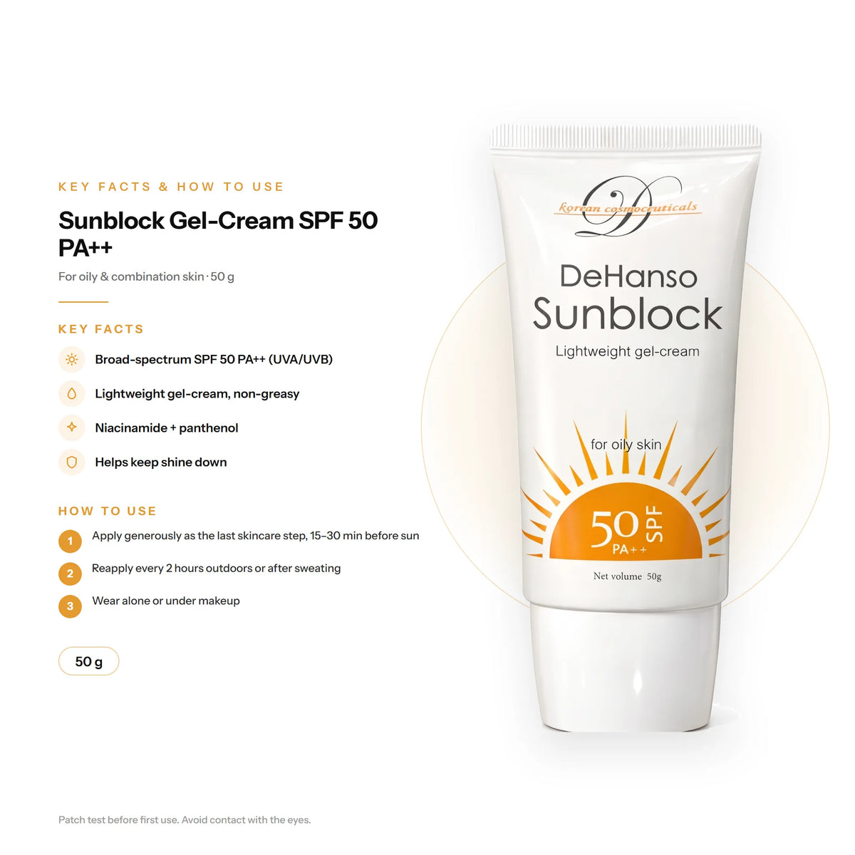 DeHanso Sunblock Lightweight Gel-Cream SPF 50 PA++ For Oily Skin 50g – key facts and how to use (English)