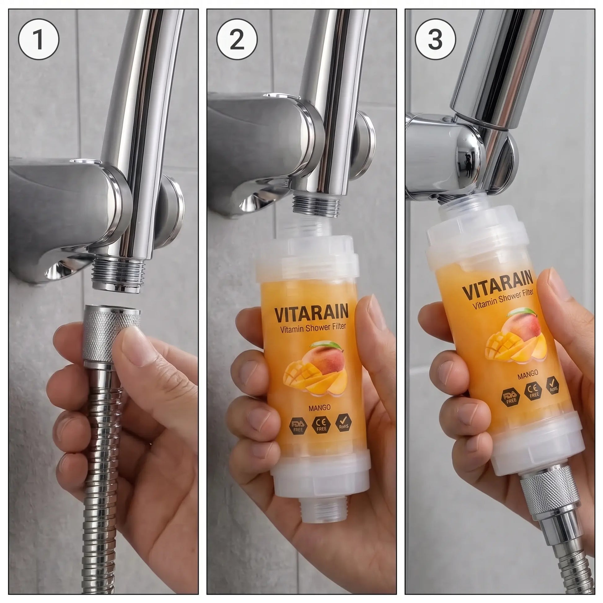 VITARAIN Korean Vitamin C Shower Filter in Mango scent for reducing chlorine and improving shower water, فلتر الشور الكوري بفيتامين C من فيتارين برائحة المانجو لتقليل الكلور وتحسين ماء الشور