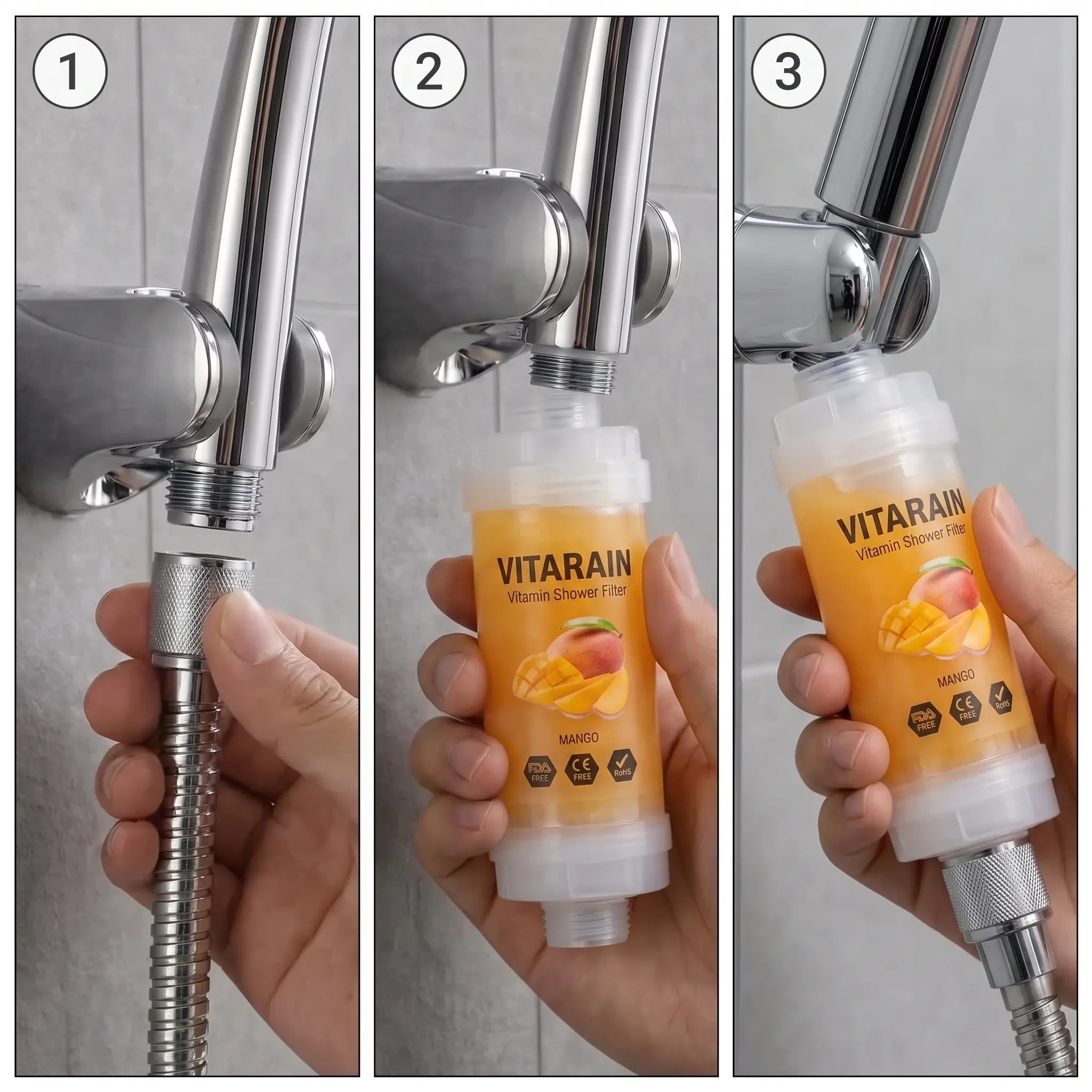 VITARAIN Korean Vitamin C Shower Filter in Mango scent for reducing chlorine and improving shower water, فلتر الشور الكوري بفيتامين C من فيتارين برائحة المانجو لتقليل الكلور وتحسين ماء الشور
