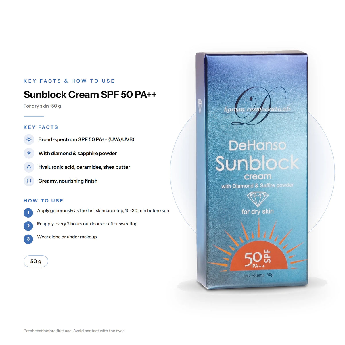 DeHanso Sunblock Cream SPF 50 PA++ For Dry Skin 50g – key facts and how to use (English)