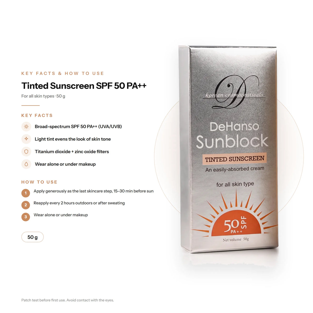 DeHanso Sunblock Tinted Sunscreen SPF 50 PA++ For All Skin Types 50g – key facts and how to use (English)