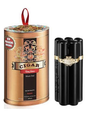 Cigar by Romeo Latour Black Oud Eau de Toilette set, featuring a metallic gold cylindrical tin with a red hanging loop and four black cylindrical perfume sticks with gold bands, shown on a white background.