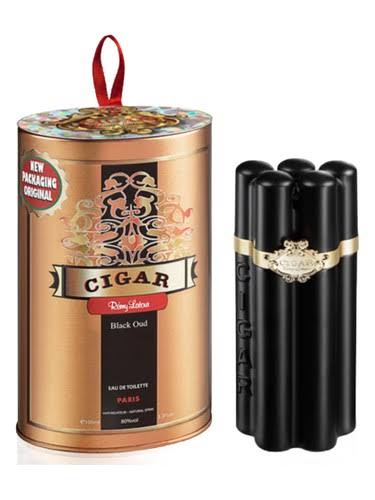 Cigar by Romeo Latour Black Oud Eau de Toilette set, featuring a metallic gold cylindrical tin with a red hanging loop and four black cylindrical perfume sticks with gold bands, shown on a white background.