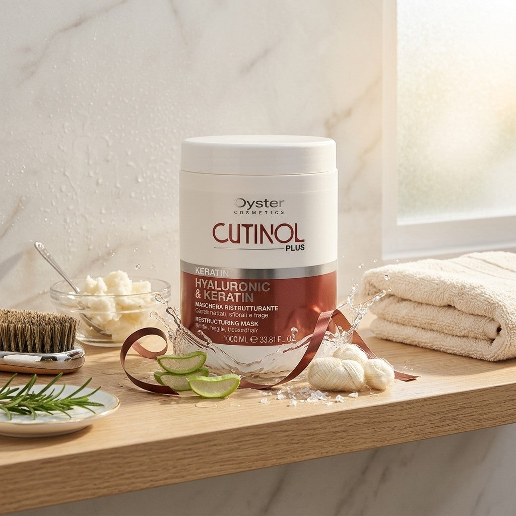 Oyster Cosmetics Cutinol Plus Hyaluronic & Keratin infusing mask in a white jar with a brown label, styled on a wooden shelf with skincare props like a brush, lime slices, and folded towels.