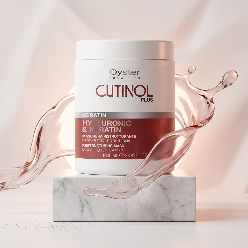Oyster Cosmetics Cutinol Plus Keratin Hyaluionic & Keratin Restructuring Mask in a white jar with a metallic silver lid, displayed on a white marble block with a pink liquid splash effect.