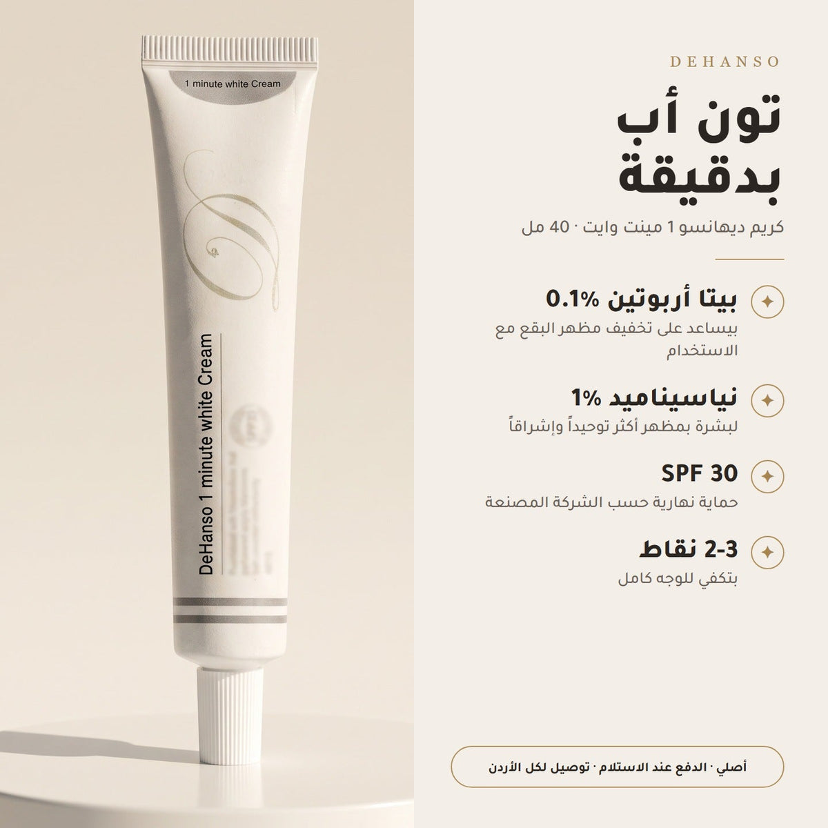 DeHanso 1 Minute White Cream key ingredients: Beta-Arbutin 0.1%, Niacinamide 1%, SPF 30