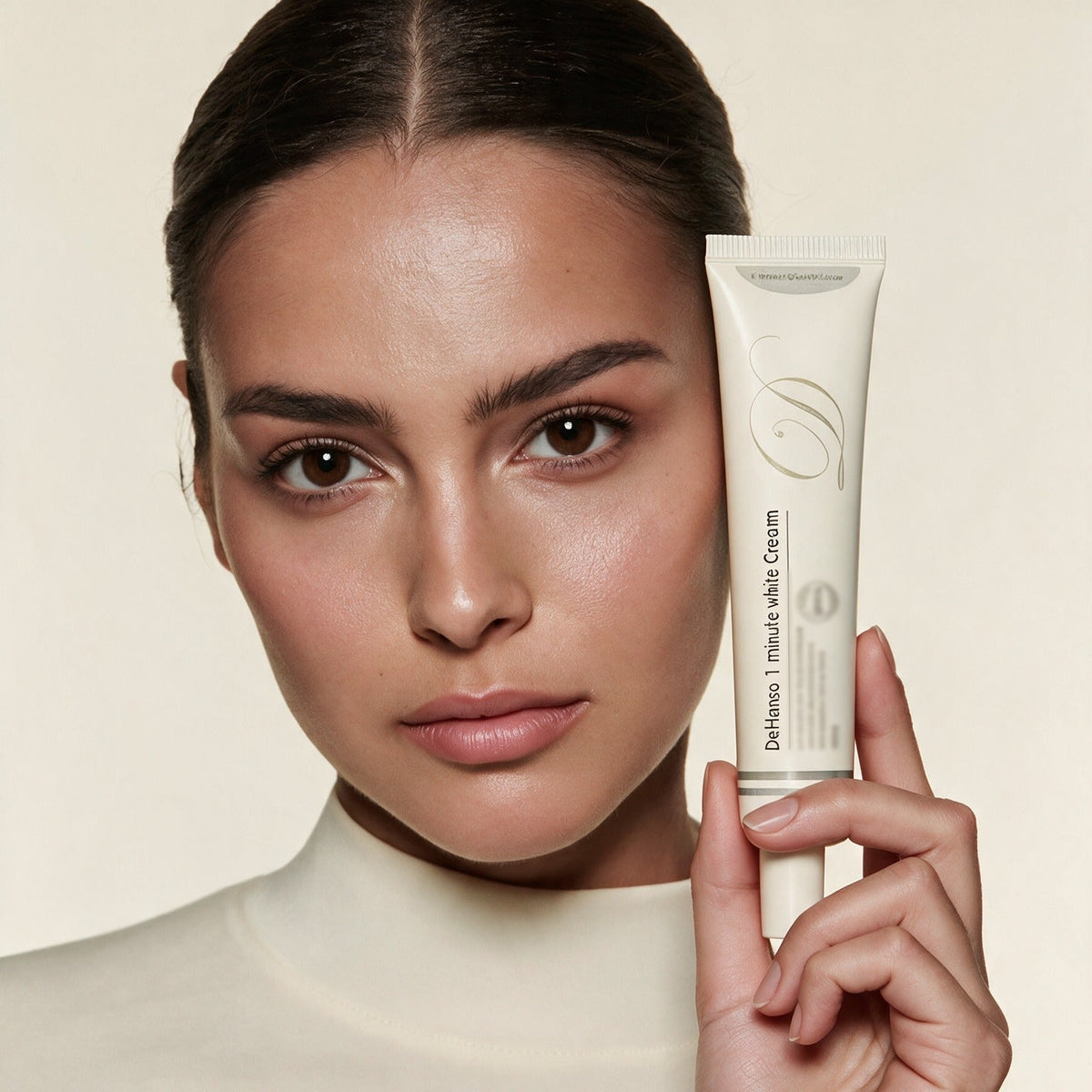 Woman holding DeHanso 1 Minute White Cream next to her face