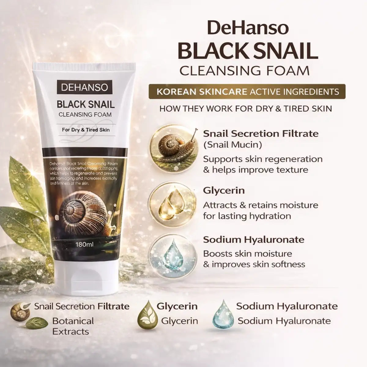 DeHanso Black Snail Cleansing Foam 180 ml | Snail Mucin Face Wash for Dry & Tired Skin
