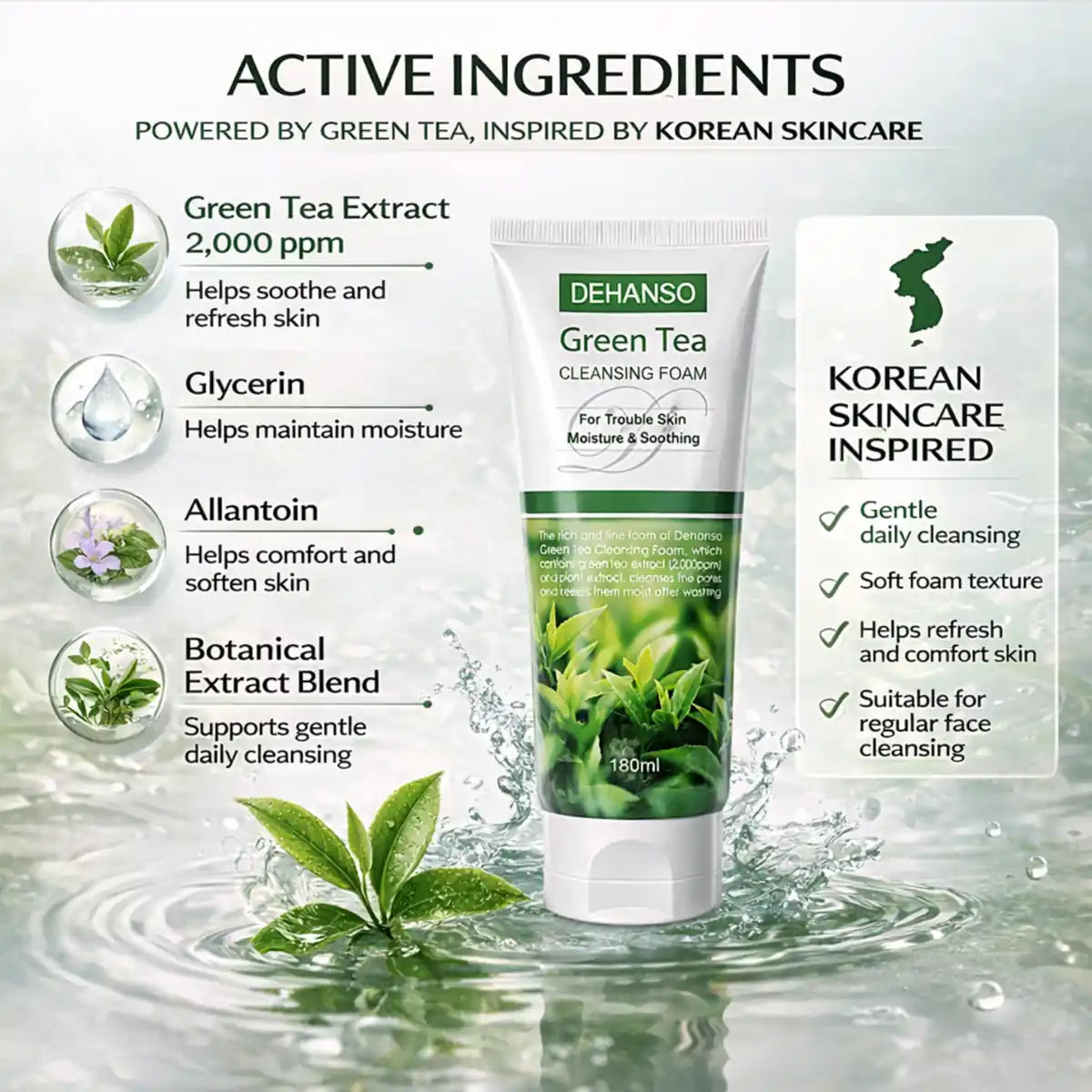 DeHanso Green Tea Foam Cleanser 180 ml | Soothing Hydrating Cleanser for Sensitive & Acne-Prone Skin