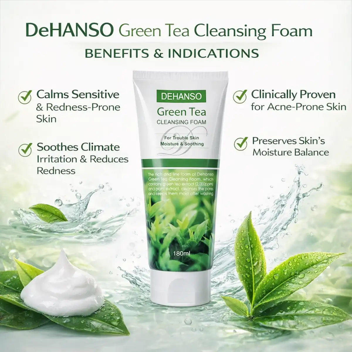 DeHanso Green Tea Foam Cleanser 180 ml | Soothing Hydrating Cleanser for Sensitive & Acne-Prone Skin