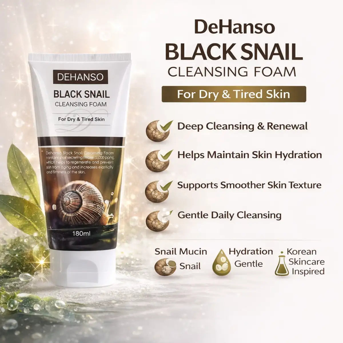 DeHanso Black Snail Cleansing Foam 180 ml | Snail Mucin Face Wash for Dry & Tired Skin