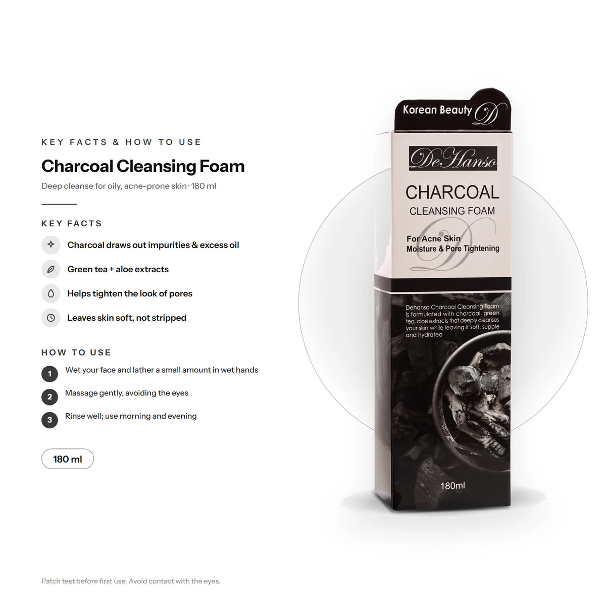 DeHanso Charcoal Cleansing Foam 180ml – Oily Skin & Pores – key facts and how to use (English)