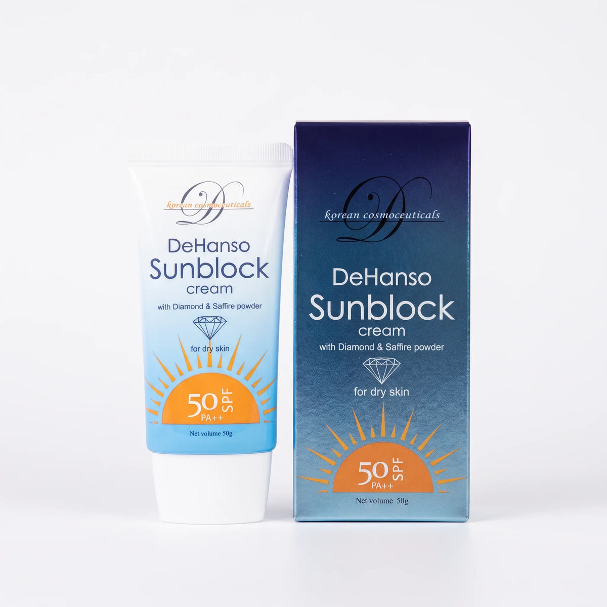 DeHanso Sunblock Cream SPF 50 PA++ for dry skin, tube beside its box