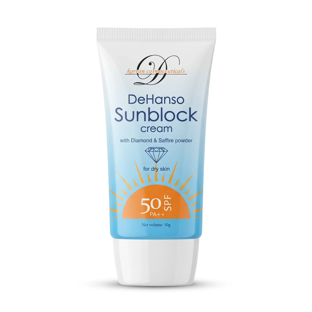 DeHanso Sunblock Cream SPF 50 PA++ for dry skin, tube upright on a white background