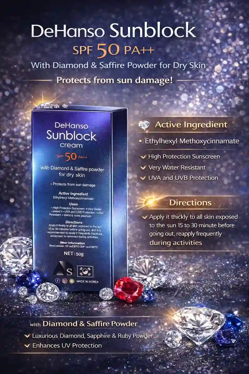 DeHanso Sunblock Cream SPF 50 PA++ | Diamond & Sapphire Sunscreen for Dry Skin | 50g