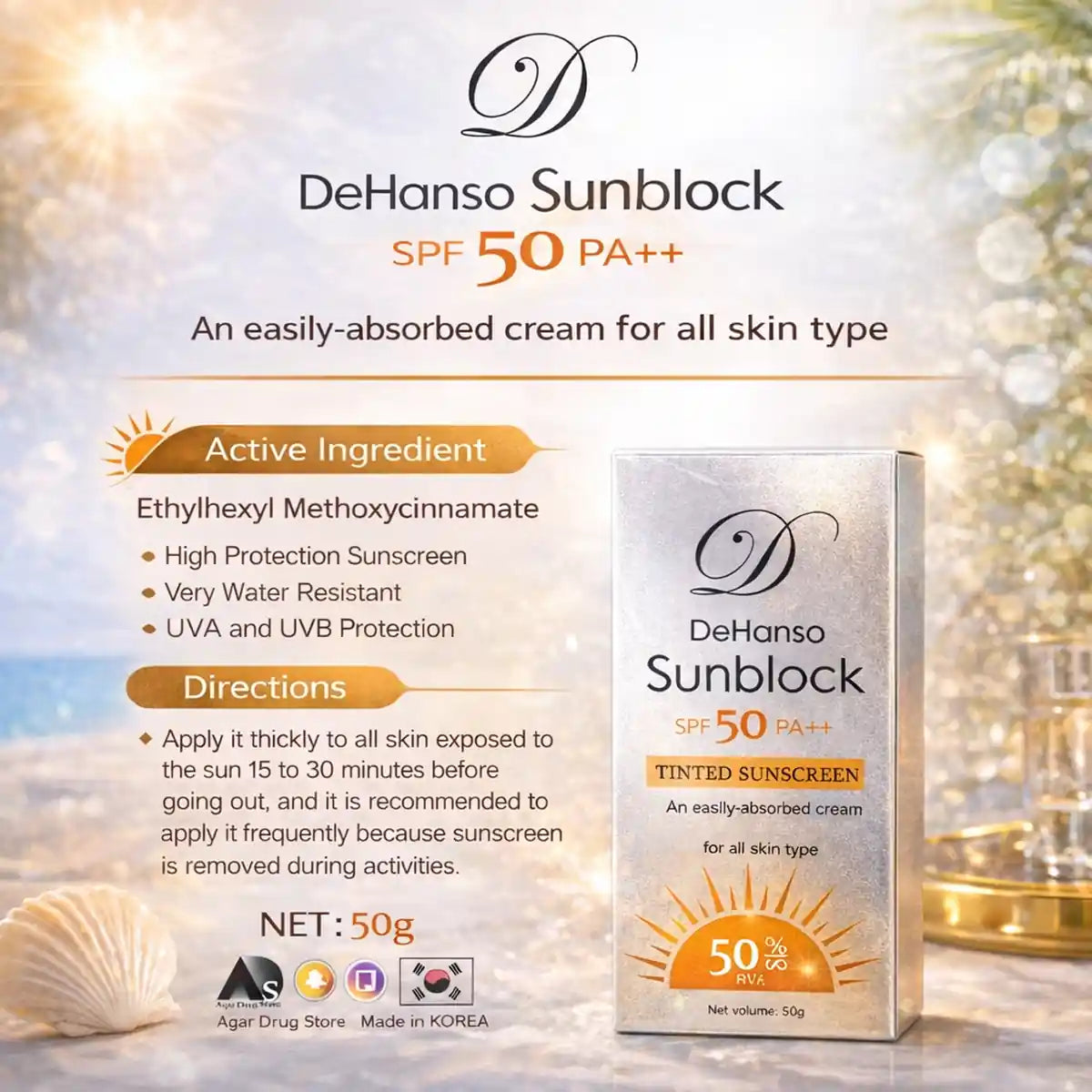 DeHanso Sunblock Tinted Sunscreen SPF 50 PA++ | Korean Tinted Sunscreen Cream | 50 g