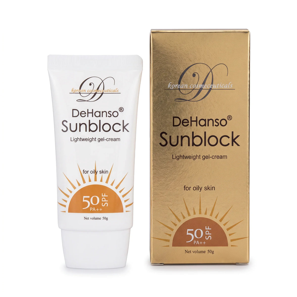 DeHanso Sunblock Lightweight Gel-Cream SPF 50 PA++ for oily skin, tube beside its box