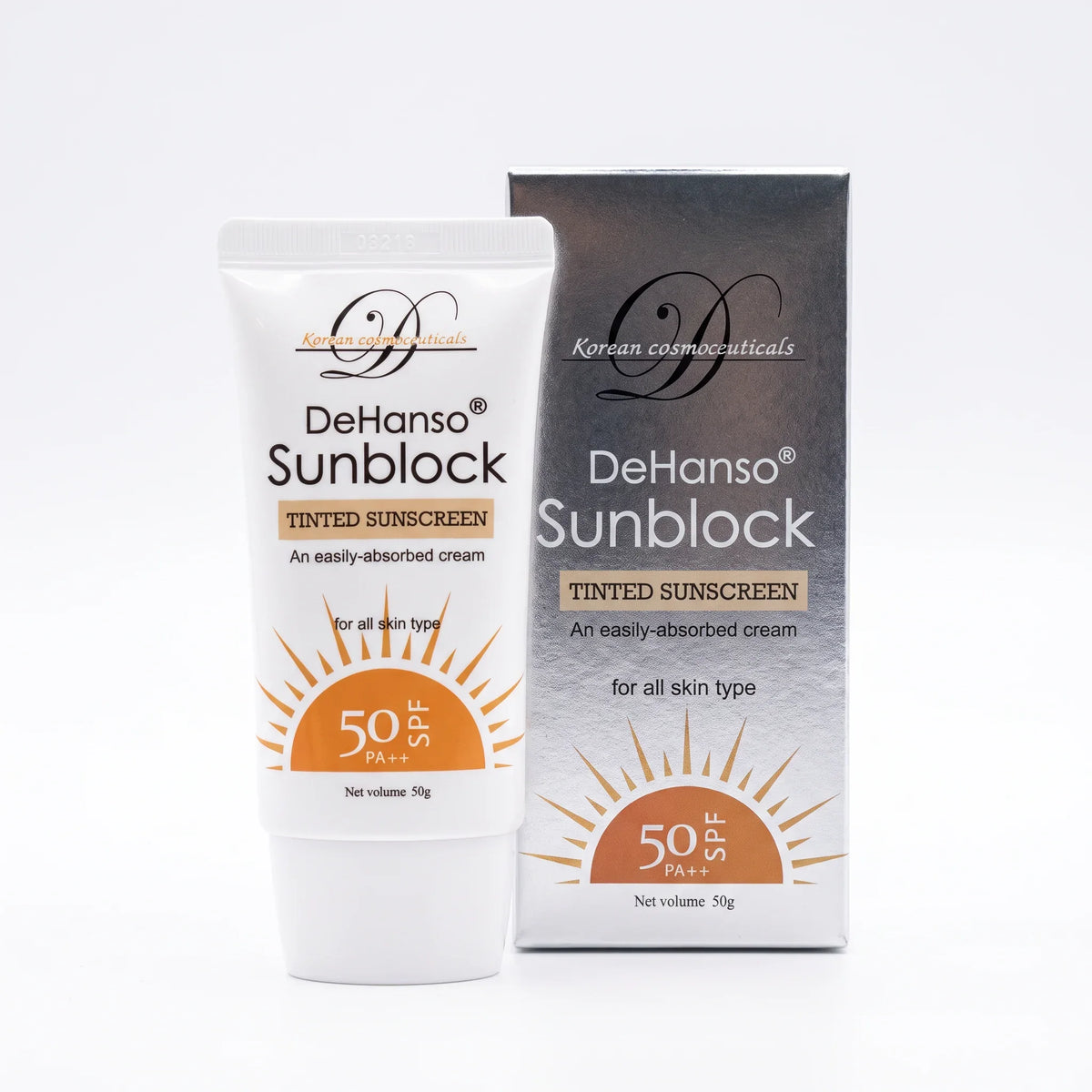 DeHanso Sunblock Tinted Sunscreen SPF 50 PA++ 50g tube beside its silver box