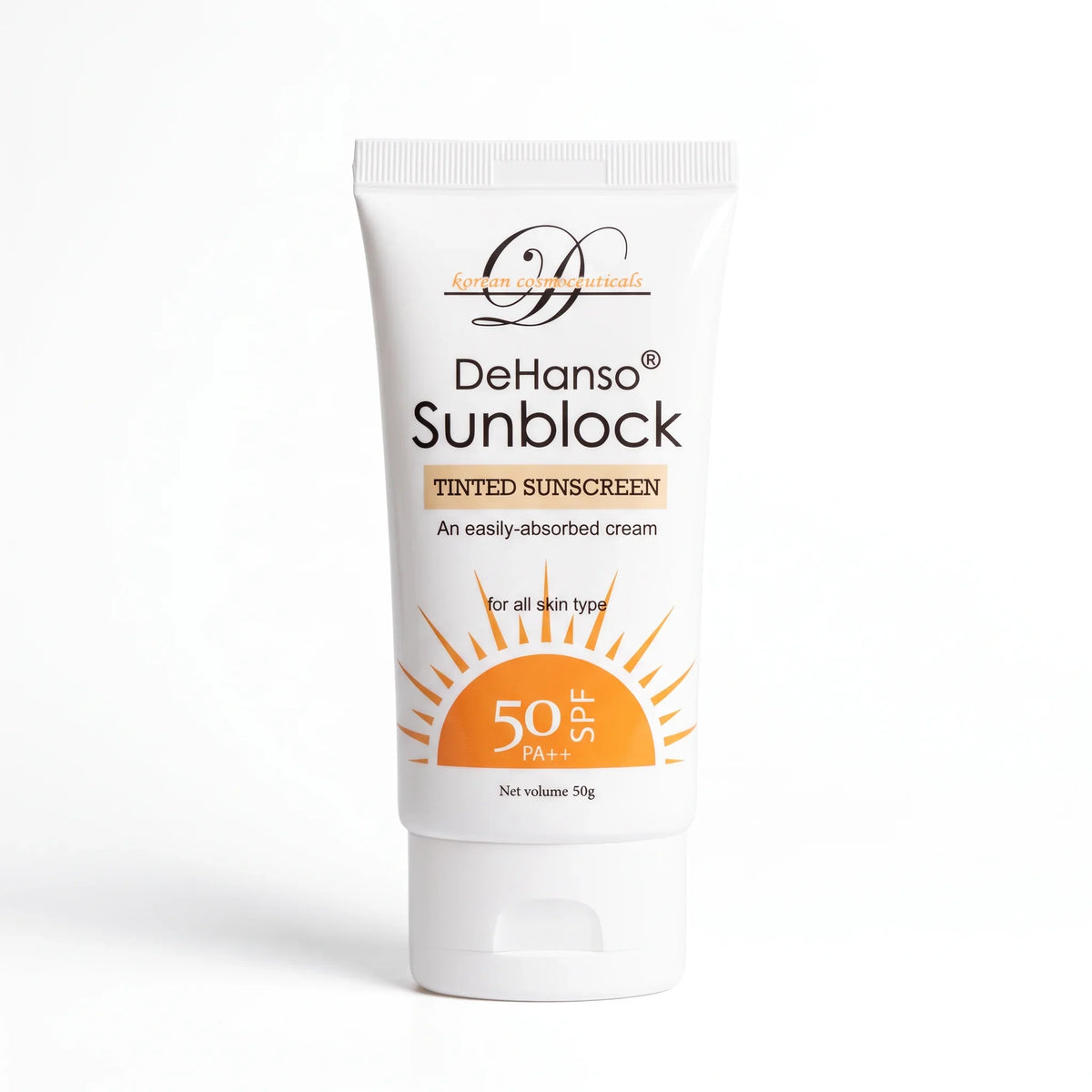 DeHanso Sunblock Tinted Sunscreen SPF 50 PA++ 50g tube standing upright on a white background