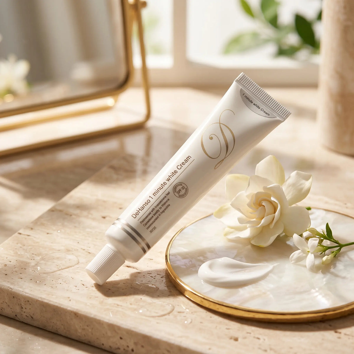 DeHanso 1 Minute White Cream 40ml tube on marble with a cream swatch